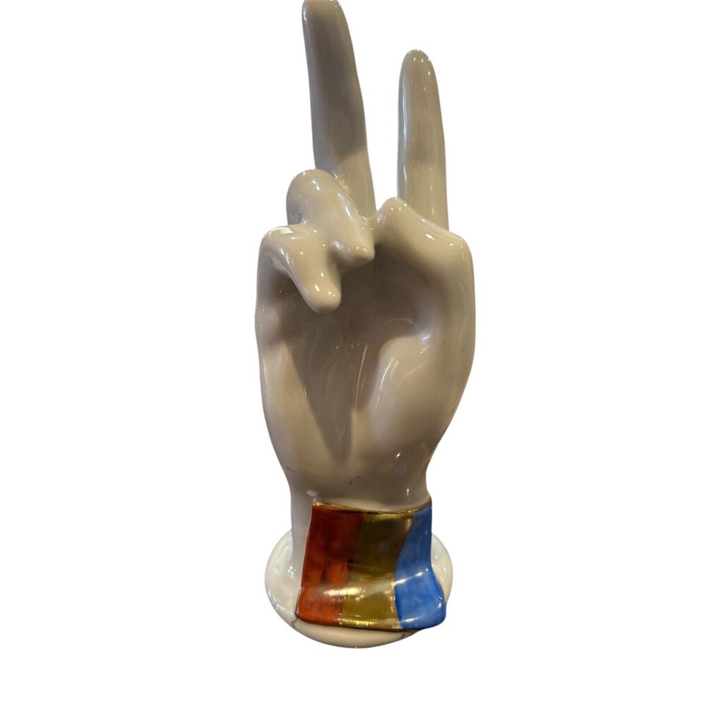 JRJS CLUJ Hand Peace Sign Romanian Flag Colors on White Glossy Porcelain Marked